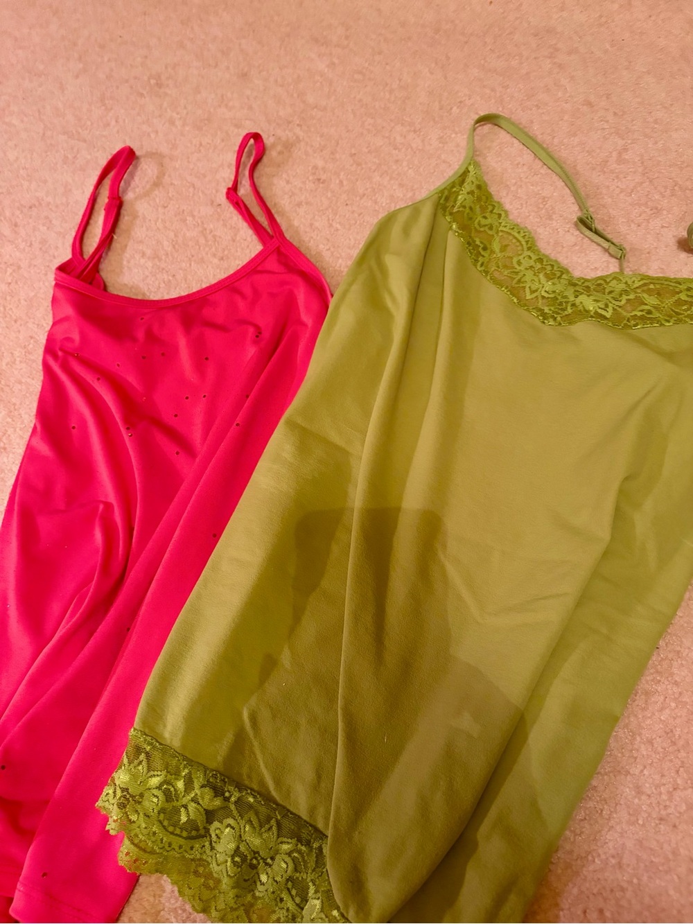 2 camisoles: lime, green, lace, and coral with sparkles